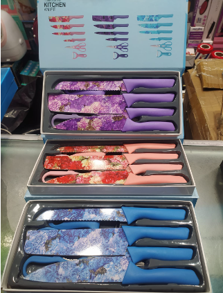 Set Cuchillos 6 Pzs Acero Inoxidable Mármol Mango Ergonómico Estampado