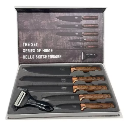 Set Cuchillos 6 Pzs Acero Inoxidable Mármol Mango Ergonómico Negro