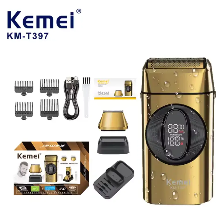 Afeitadoras eléctricas Kemei T397 para hombres, recortador de barba profesional resistente al agua, afeitadora facial recargable, máquina de 9000rpm alternativa
