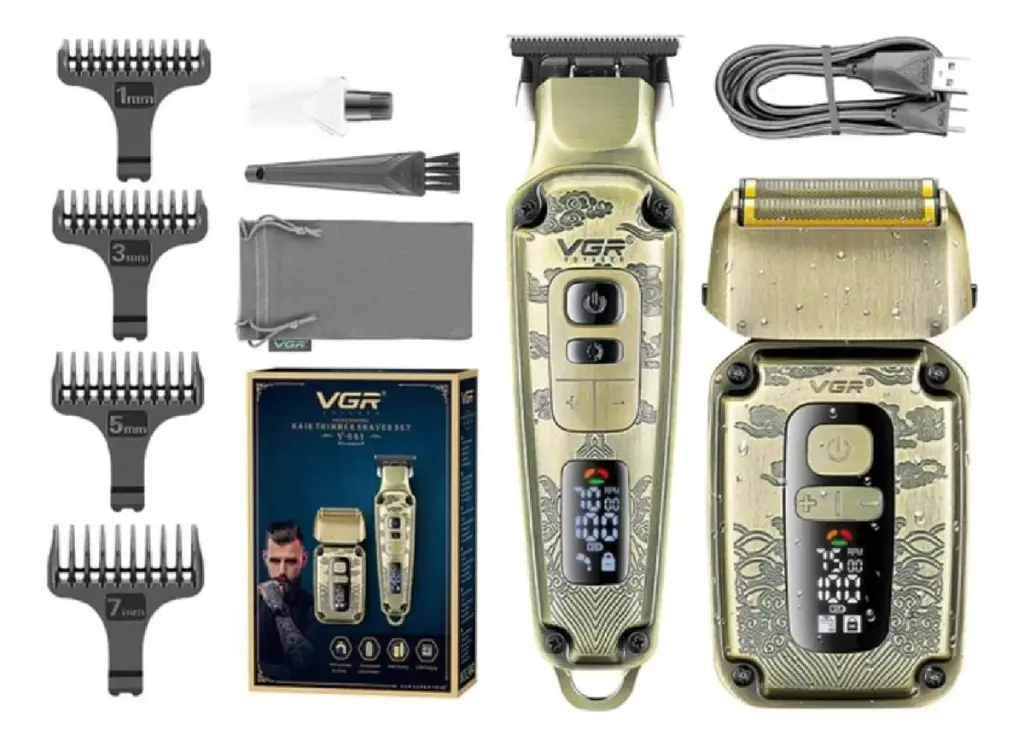 Combo Maquina Patillera + Shaver Vgr V-641 Dorado Oscuro