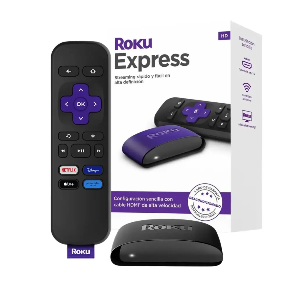 Roku Express Reempacado | dispositivo de streaming |Incluye cable HDMI/USB de alta velocidad y control remoto | Compatible con Alexa, Google Home, Apple Air Play, Apple Home