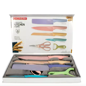 [tbh0118] Set Cuchillos 6 Pzs Acero Inoxidable Mármol Mango Ergonómico Color Pastel